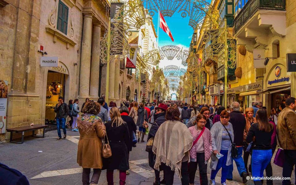 The busy streets of Malta's Capital City, Valletta, at Christmas time.